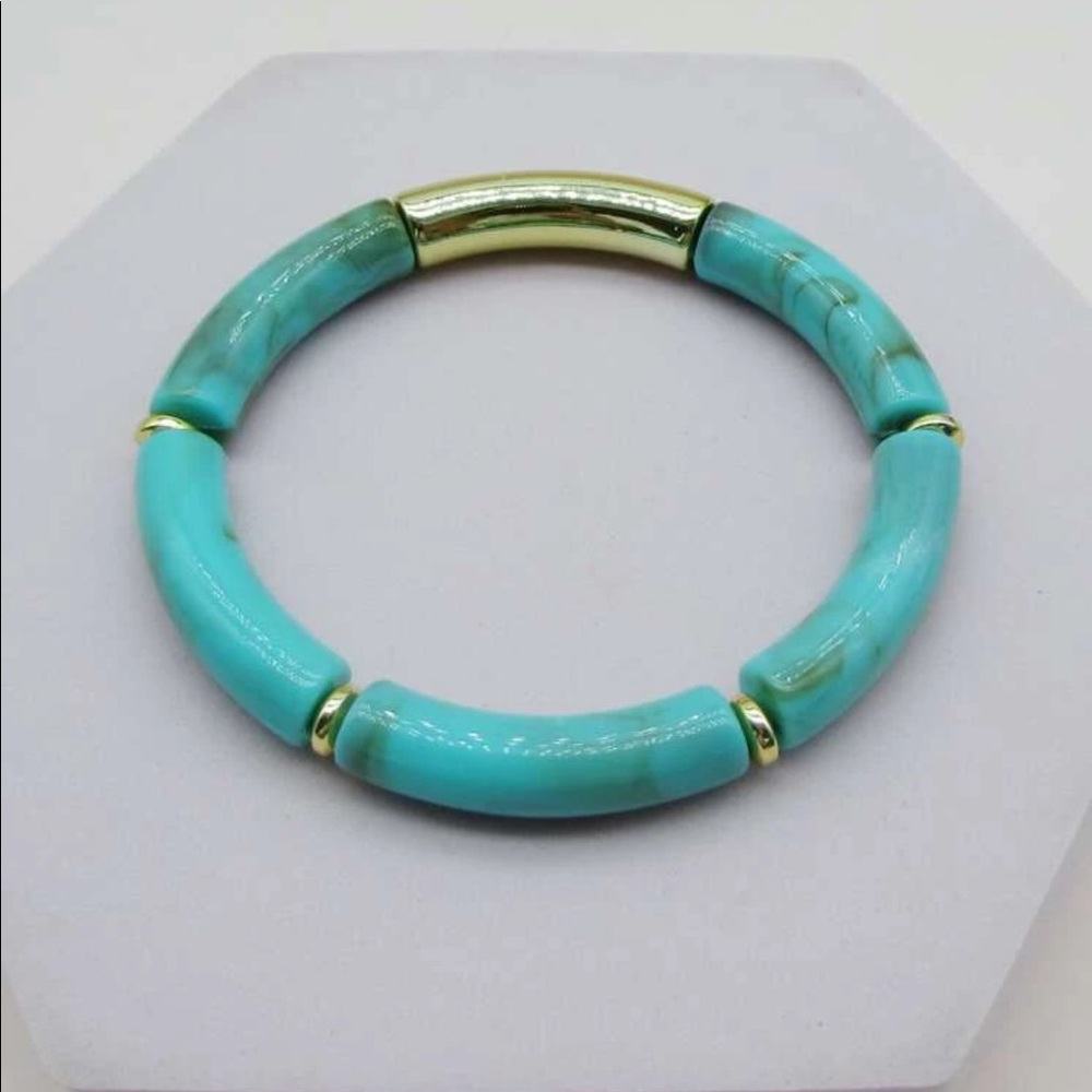 B2G1🌵Boho Turquoise Tube Bead & Gold Tone Stretch Stacking Bracelet NWT - Picture 13 of 15